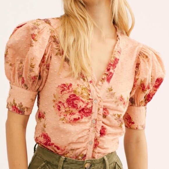 LoveShackFancy Jules Textured Puff Sleeve Blouse Size XS - Picture 1 of 5